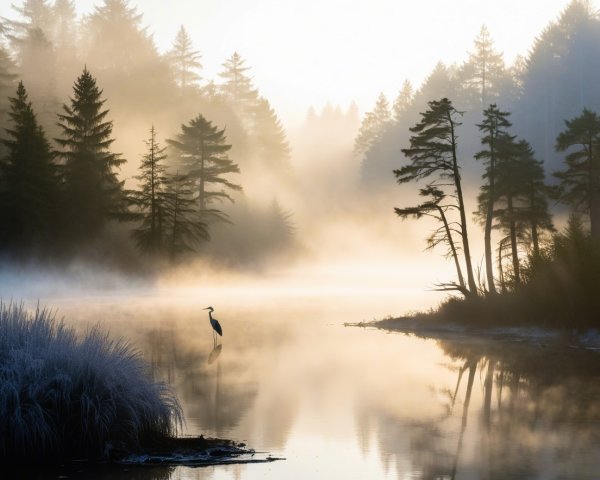 Serene Morning Landscape with Mist-Covered Lake
