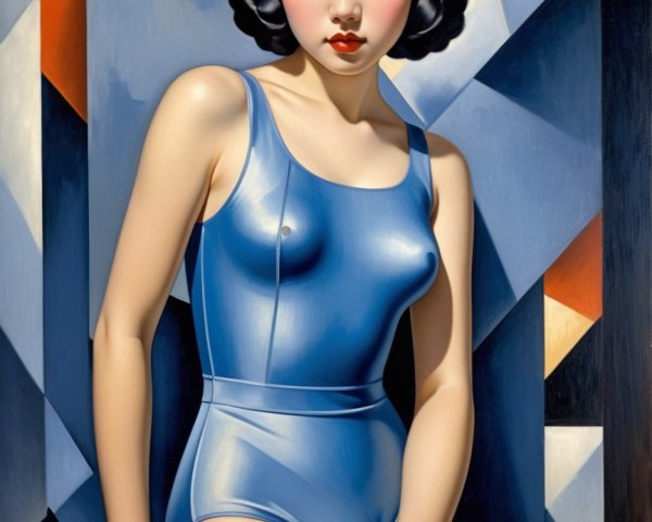 Glamorous Woman in Blue Swimsuit with Retro Background