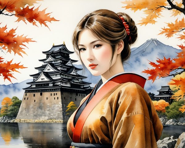 Traditional Japanese Castle in Autumn Landscape