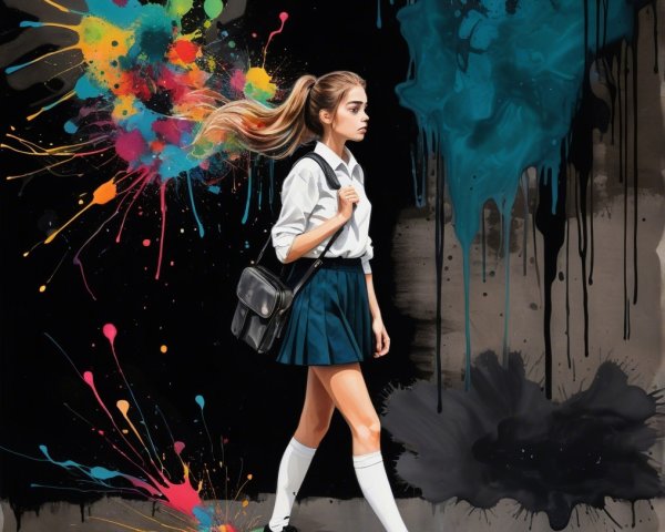 Young Girl in School Uniform with Colorful Backdrop