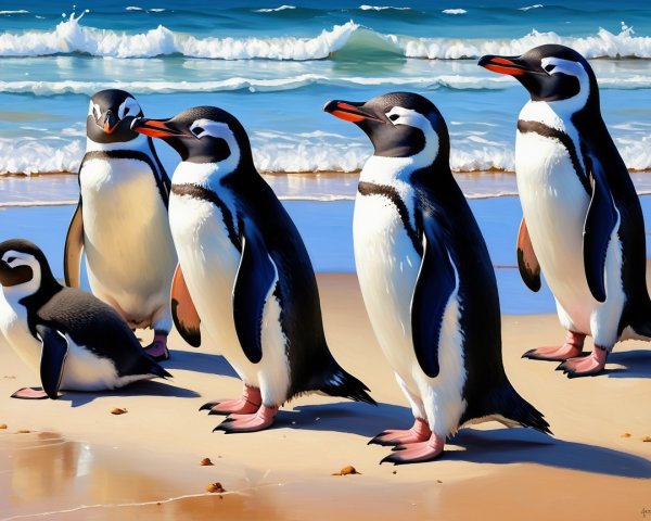 Playful Penguins on a Sandy Beach with Ocean Waves