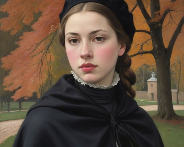 Young woman in dark cloak in autumn landscape