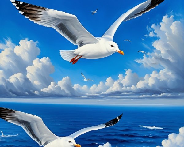 Vibrant Sky with Seagulls Over Calm Ocean Scene