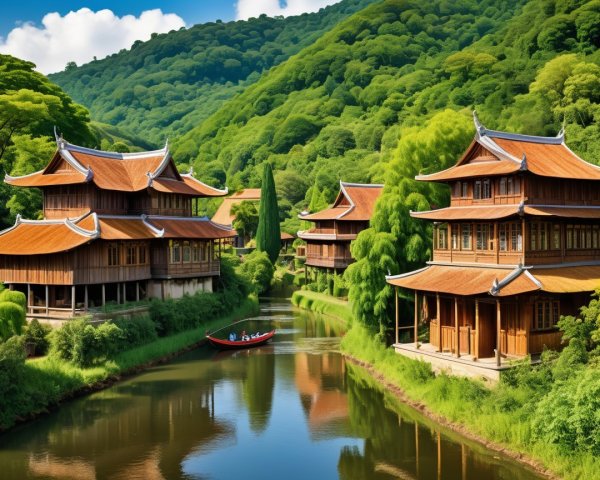 Serene Asian Landscape with Traditional Architecture