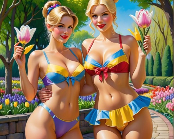 Young Women in Colorful Swimsuits in Blooming Garden