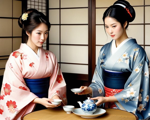 Elegant Women in Kimonos at a Tea Ceremony