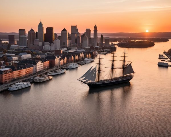 Tall Ship Sailing at Sunset with City Skyline