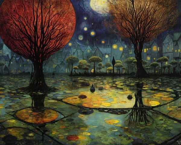 Surreal Twilight Scene with Red Orbs and Tranquil Pond