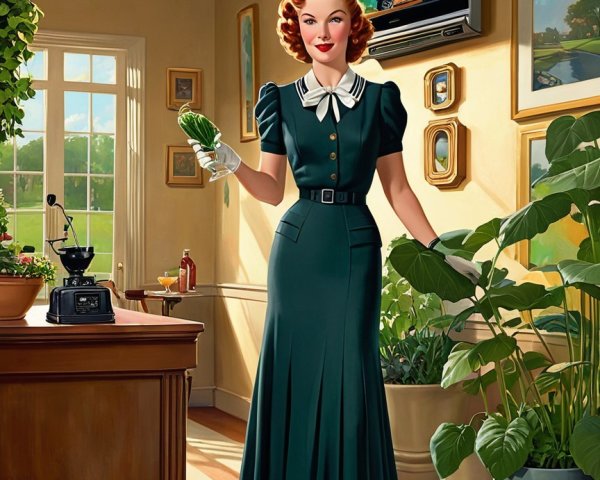 Vintage Scene of Woman in Green Dress with Cucumber