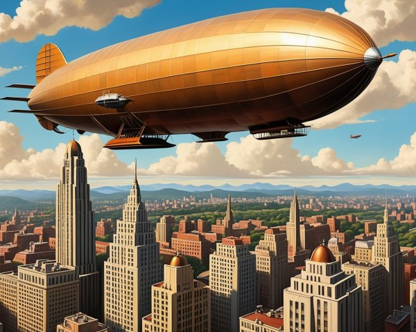 Golden Zeppelin Over Cityscape with Mountains and Clouds