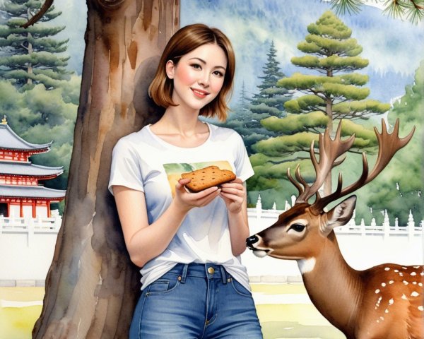 Serene outdoor scene with a woman and a deer
