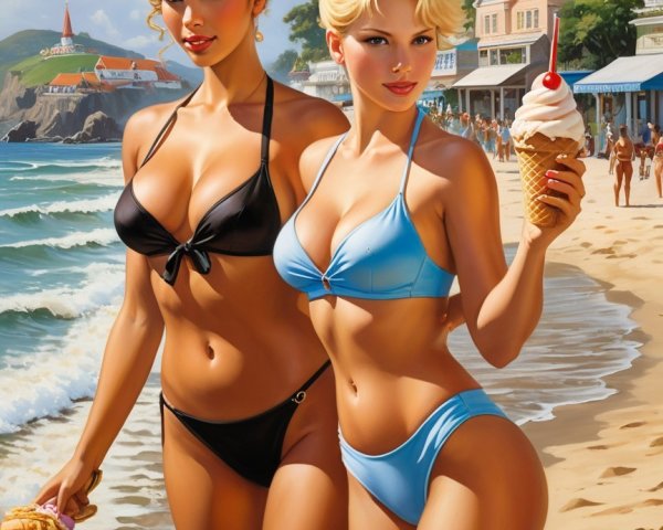 Women in Vibrant Swimsuits on a Sunny Beach