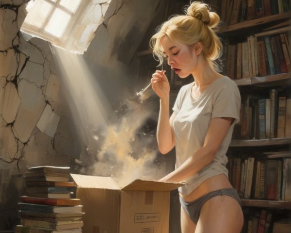 Young woman exploring a box in a book-filled room