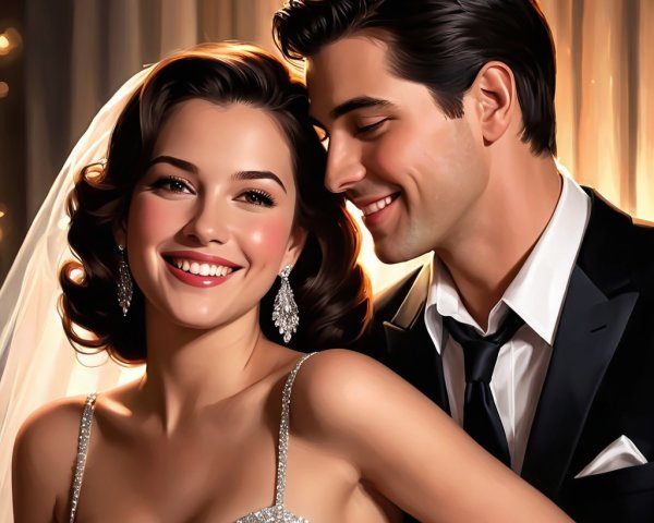 Joyful Couple in Wedding Attire with Romantic Background