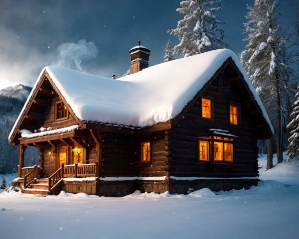 Wooden cabin in snowy landscape with warm lights