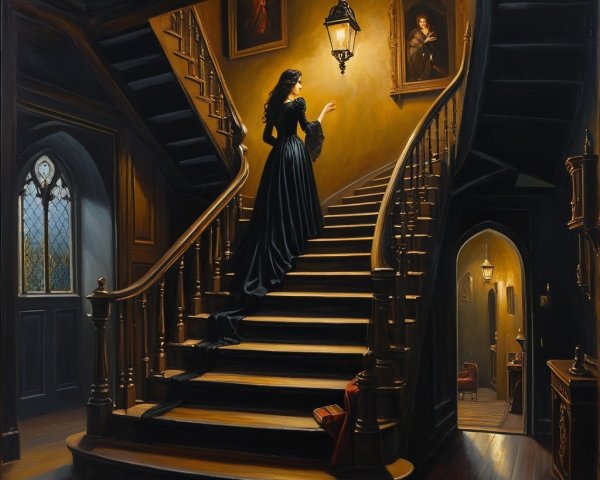 Dimly Lit Staircase in Elegant Old Mansion