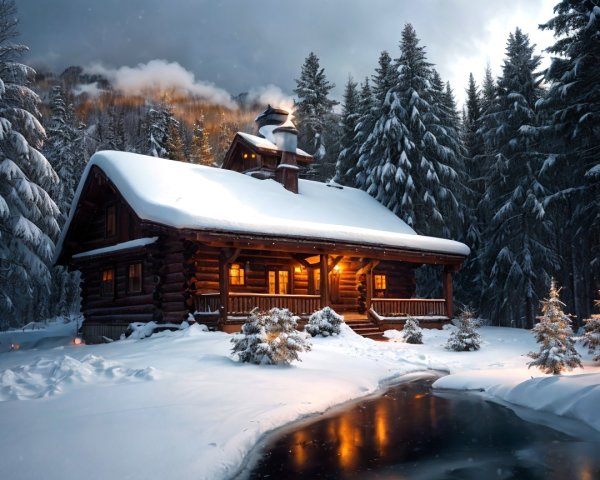 Cozy log cabin in a snowy landscape with stream