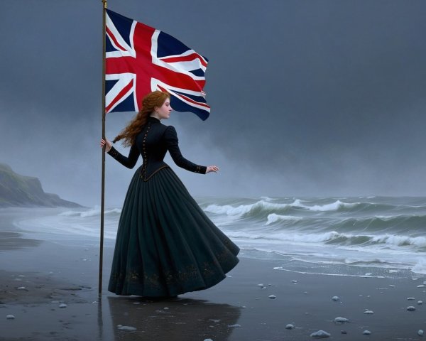 Girl in Vintage Dress with Union Jack on Misty Beach