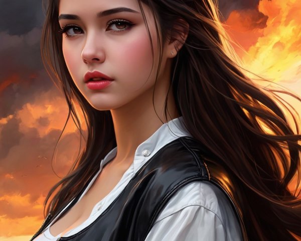 Young woman in leather jacket against sunset backdrop