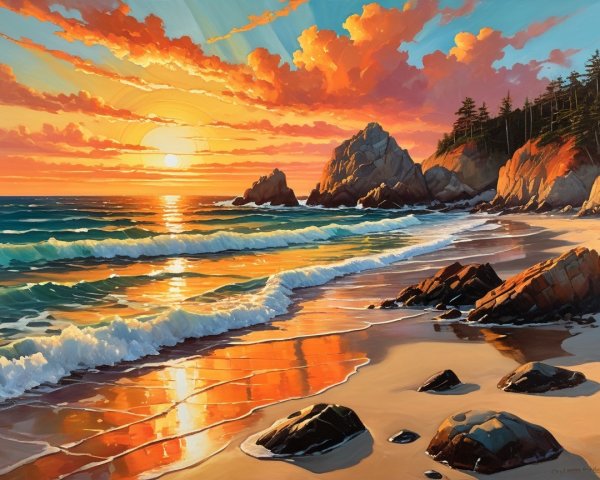 Vibrant Sunset Over a Rocky Beach Landscape