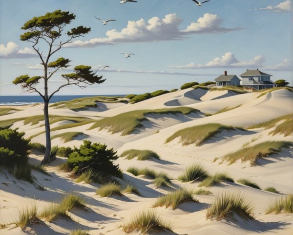 Tranquil Coastal Landscape with Sand Dunes and House