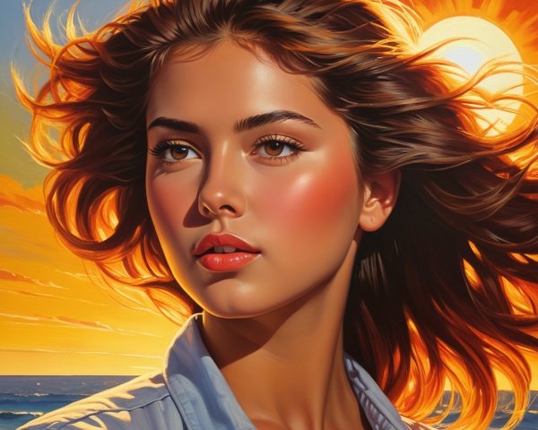 Young Woman at Sunset by the Ocean Shore