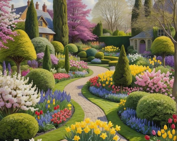 Vibrant Spring Garden with Colorful Flowers and Trees