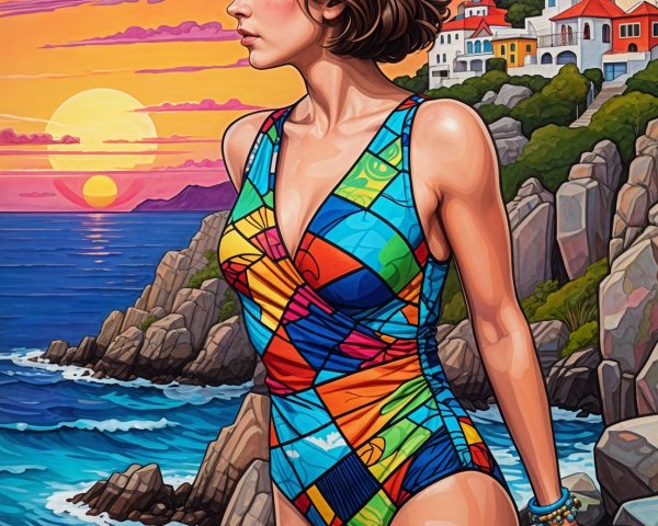 Woman in Colorful Swimsuit by Ocean at Sunset