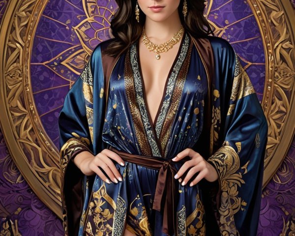 Elegant Woman in Blue and Gold Kimono Outfit