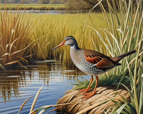Colorful Marsh Bird by Tranquil Waterway and Reeds