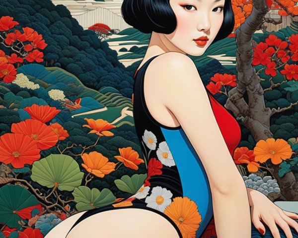 Stylized female figure in autumn landscape with foliage