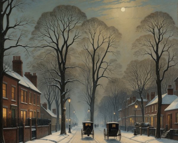 Winter Scene with Snow-Covered Street and Carriages