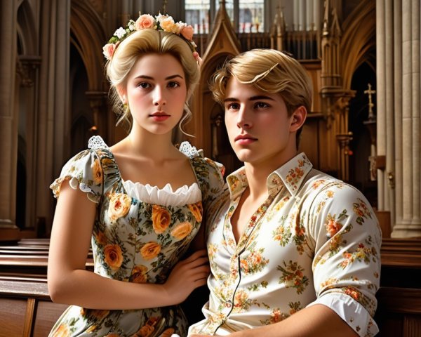 Young couple in floral attire in a grand cathedral