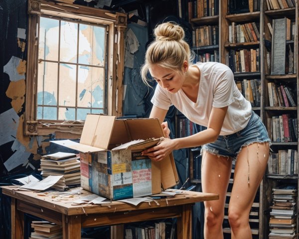 Young woman with blonde bun in messy room with books