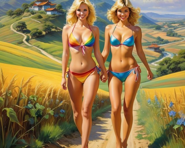 Women in Colorful Swimsuits Walking in Scenic Fields