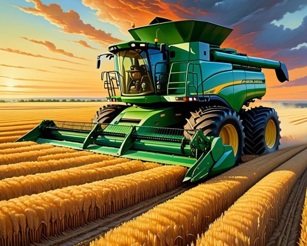 Combine Harvester in Wheat Field at Sunset