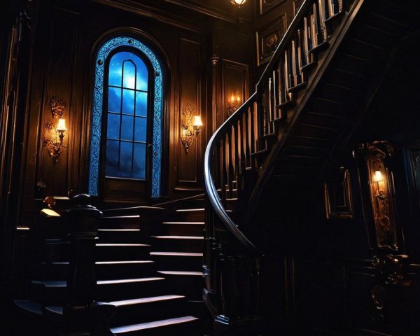 Grand Wooden Staircase with Arched Window and Lanterns
