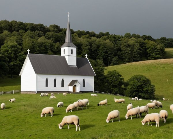 Quaint White Church Surrounded by Lush Green Hills