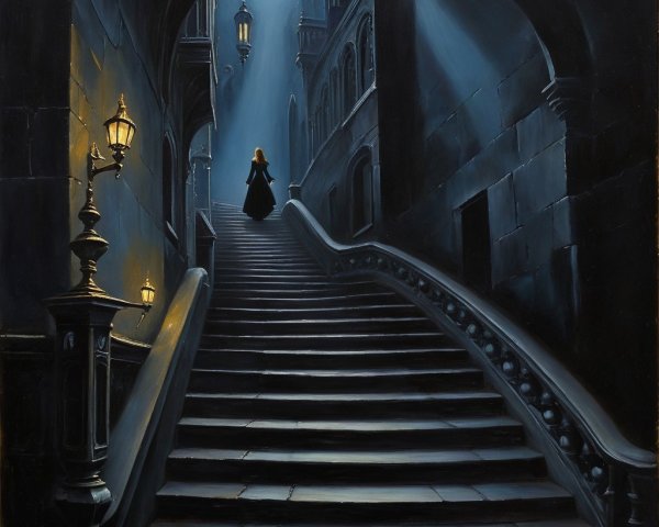 Dimly Lit Staircase with Gas Lamps and Moonlight