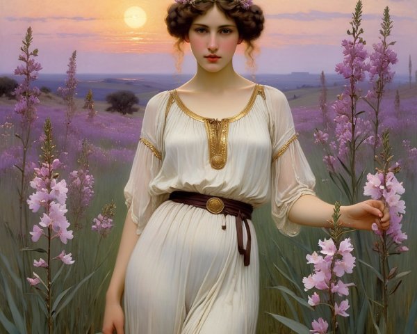 Young Woman in White Gown in Blooming Sunset Field