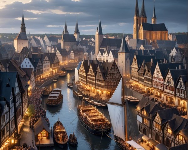 Charming Medieval Town by Riverside with Evening Market