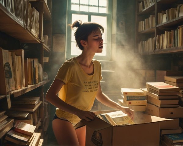 Young Woman Discovering Books in Dimly Lit Library