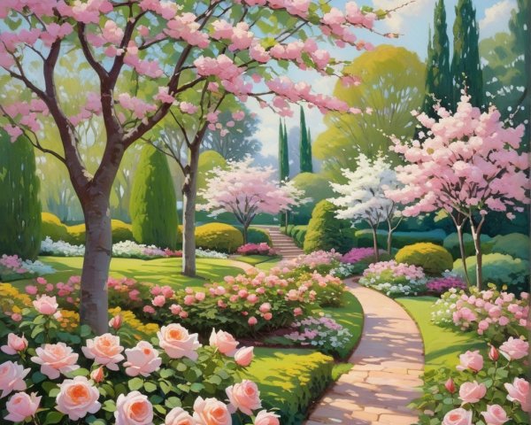 Tranquil Garden Scene with Cherry Blossoms and Roses