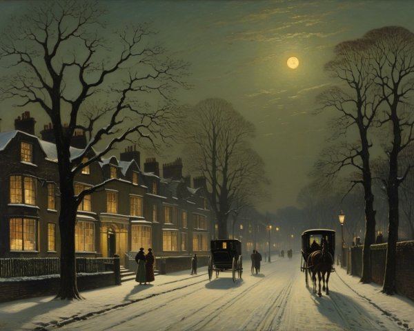 Winter Evening Scene with Moonlit Street and Snow