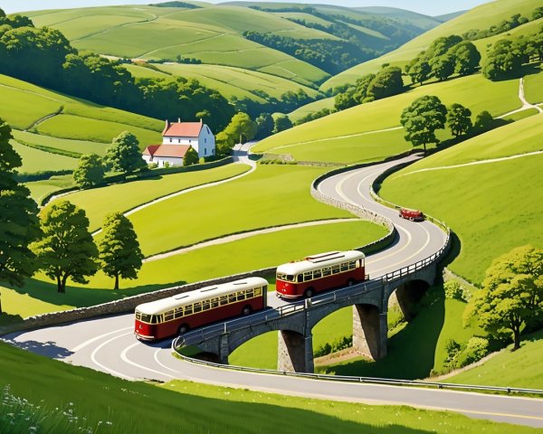 Vintage Buses on Scenic Road with Stone Bridge