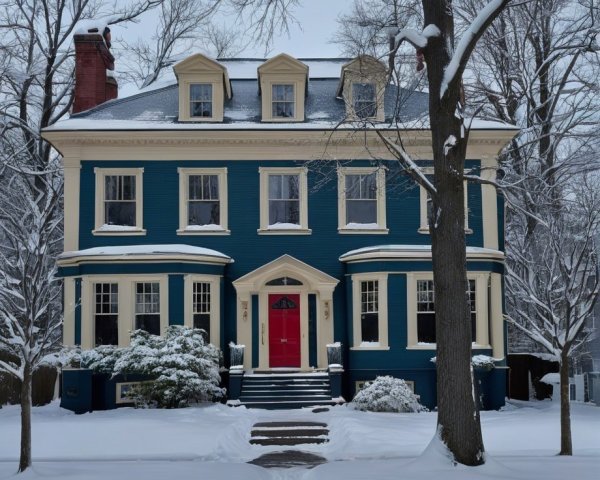 Two-Story Blue House in Winter Landscape
