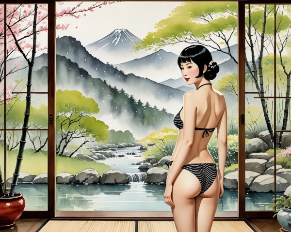 Woman in Striped Bikini with Mount Fuji Landscape
