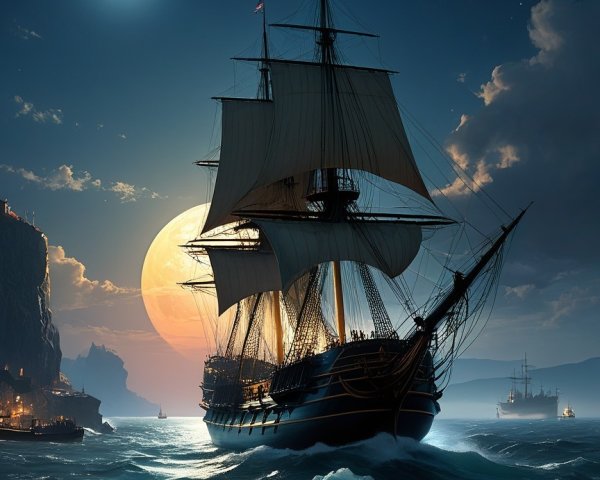 Sailing Ship on Turbulent Waters Under Full Moon