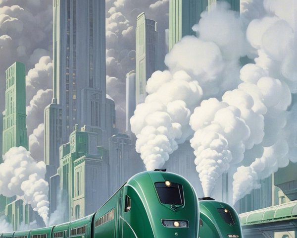 Futuristic cityscape with green trains and skyscrapers