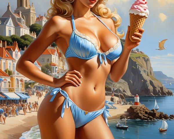 Woman in Blue Bikini on Sandy Beach with Seaside Town